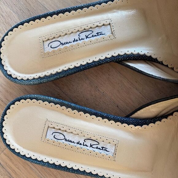 Oscar de la Renta Blue Embroidered Mules Slip-On Pointed Toe Slides Size 37.5 - Picture 4 of 8